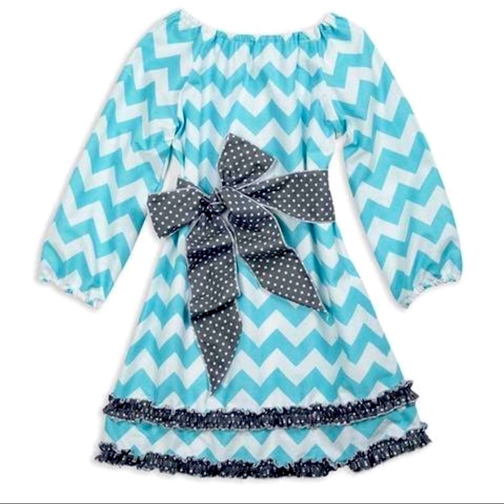 LOLLY wolly doodle blue chevron dress gray polkadot sash/Belt/Bow white tights